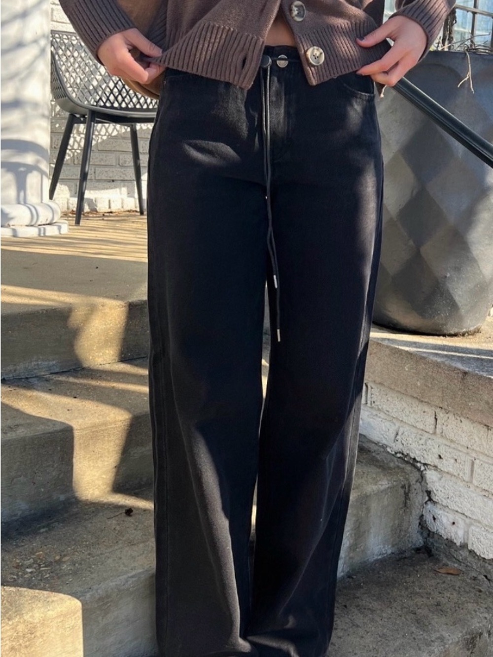 Black Wide Leg Women’s Drawstring Jeans - Classic High-Rise